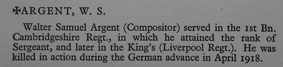 Argent W S Sergt 350125 12th Kings Liverpool Regiment Obit War Record Of Cambridge University Press
