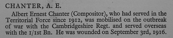 Chanter A E Pte R-1371 1st Cambridgeshire Regiment Tran 60221 RDC War Record Of Cambridge University Press 1914-1919
