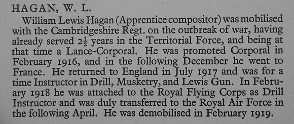 Hagan W L Cpl 1st Cambridgeshire Regiment War Record Of Cambridge University Press 1914-1919