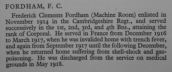 Fordham F C Pte 326152 1st Cambridgeshire Regiment War Record Of Cambridge University Press 1914-1919