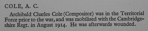 Cole A C Pte Cambridgeshire Regiment War Record Of Cambridge University Press 1914-1919