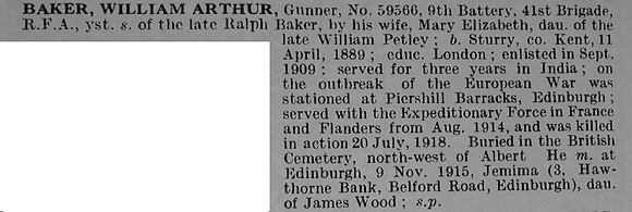 Baker W A Gnr 59566 Royal Field  Artillery Obituary
