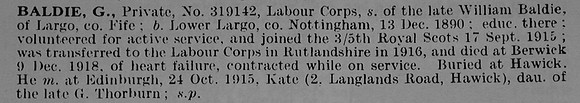 Baldie G Pte 319142 Labour Corps Obit