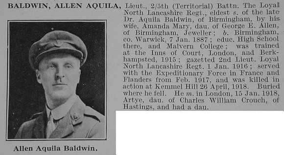 Baldwin A A Lt 5th Loyal North Lancs Regiment Obit