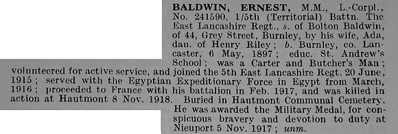 Baldwin E L Cpl MM 241590 5th East Lancs Regiment Obit
