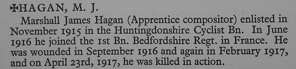 Hagan M J Pte 43454 1st Bedfordshire Regiment Obit War Record Of Cambridge University Press 1914-1919
