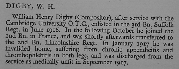 Digby W H Pte 40401 2nd Lincolnshire Regiment War Record Of Cambridge University Press 1914-1919