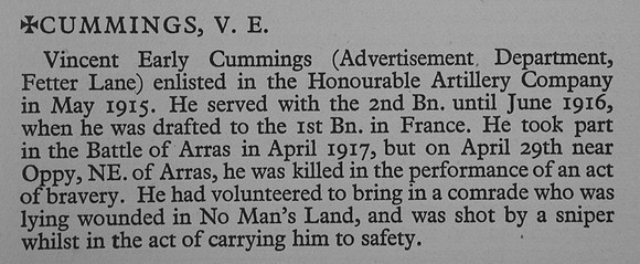 Cummings V E Pte 3549 1st HAC Obit War Record Of Cambridge University Press 1914-1919
