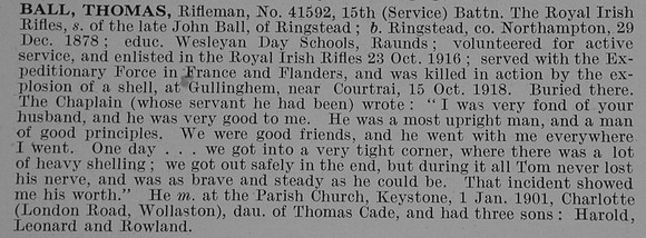Ball T Rfn 15th Royal Irish Rifles Obit