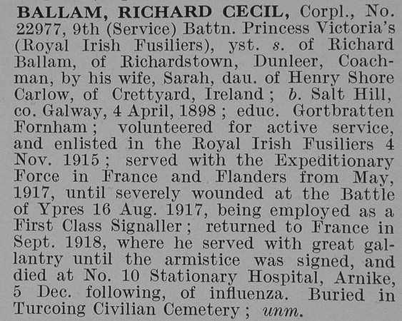 Ballam R C Cpl 9th Royal Irish Fusiliers Obit