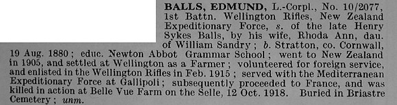 Balls E L/Cpl 10/2077 1st Wellington Rifles New Zealand Expeditionary Force Obit