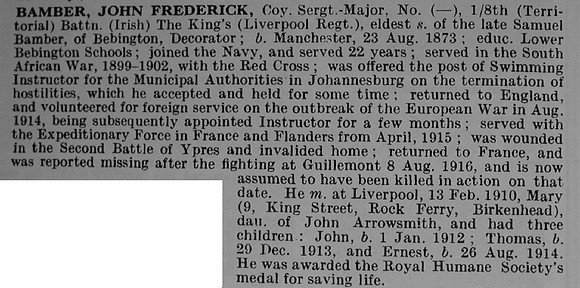 Bamber J F Coy Sergt Maj 305408 8th King's Liverpool Regiment Obit