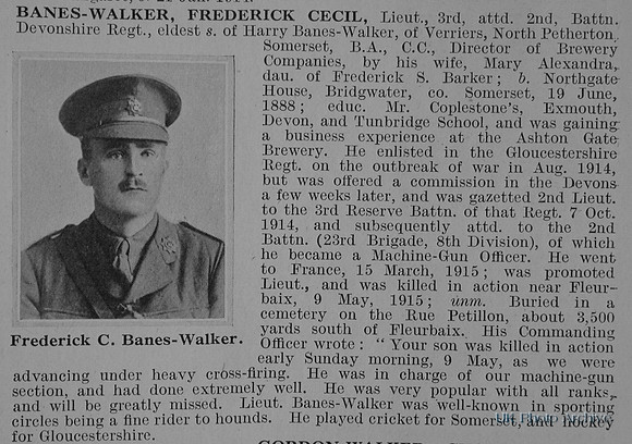Banes-Walker F C Lt 2nd Devonshire Regiment Obit
