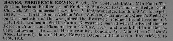 Banks F E Sergt 9544 1st Northumberland Fusiliers Obit