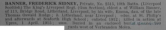 Banner F S Pte 2515 10th Kings Liverpool Regiment Obit
