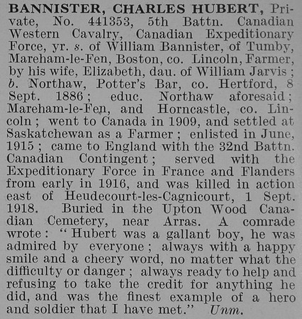 Bannister C H Pte 5th Canadian Expeditionary Force Obit