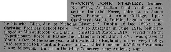 Bannon J S Gnr 27163 Australian Field Artillery Obit
