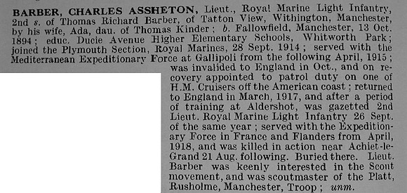 Barber C A Lt 1st R.M Bn R.N Div Royal Marine Light Infantry Obit