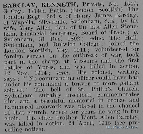 Barclay K Pte 14th London Regiment Obit