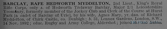 Barclay R H M 2nd Lt 2nd Kings Royal Rifle Corps Obit Part 1
