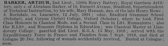 Barker A 2nd Lt Royal Garrison Artillery Obit