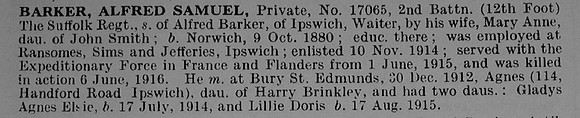 Barker A S Pte 17064 2nd Suffolk Regiment Obit