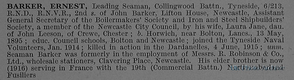 Barker E Leading Seaman 6/213 Collingwood Bn R.N.Div Royal Naval Volunteer Reserve Obit