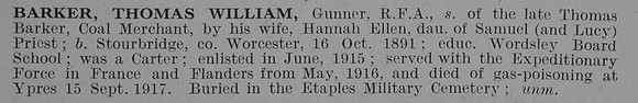 Barker T W Gnr Royal Field Artillery Obit