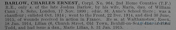 Barlow C E Cpl 964 Royal Engineers  Obit