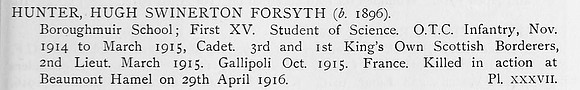 Hunter H S F 2nd Lt 1st Kings Own Scottish Borderers Obit