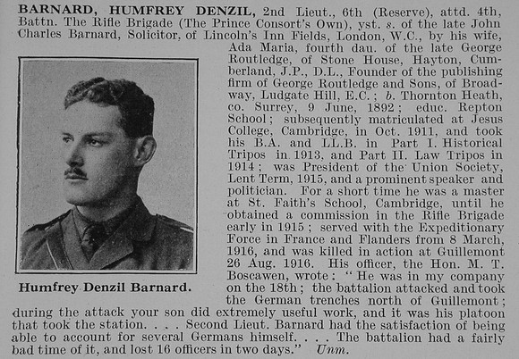 Barnard H D 2nd Lt 4th Rifle Brigade Obit