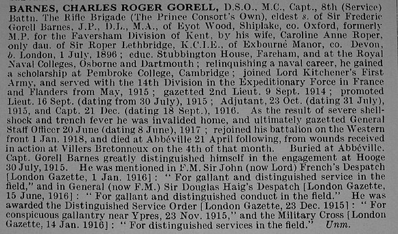 Barnes C R G Captain DSO MC 8th Rifle Brigade Obit