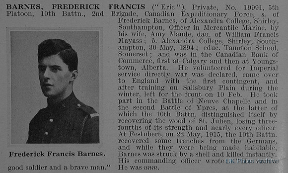 Barnes F F Pte 19991 10th Canadian Infantry Obit