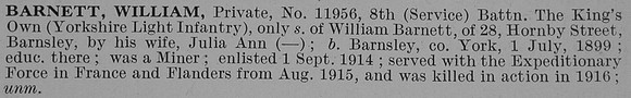Barnett W Pte 8th King's Own Yorkshire Light Infantry Obit