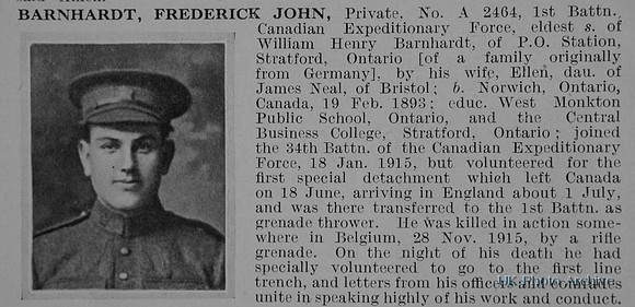 Barnhardt F J Pte 1st Canadian Exp Force Obit