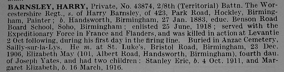 Barnsley H Pte 43874 8th Worcestershire Regiment Obit