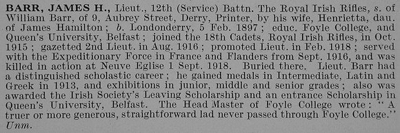 Barr J H Lt 12th Royal Irish Rifles Obit