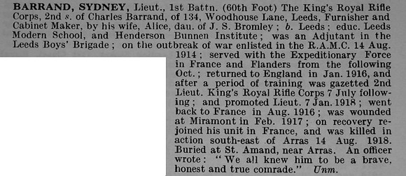 Barrand S Lt 1st Kings Royal Rifle Corps Obit