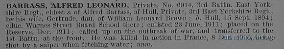 Barrass A L Pte 6014 3rd East Yorkshire Regiment Obit