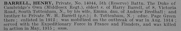 Barrell H Pte 3rd Middlesex Regiment Obit