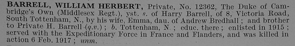 Barrell W H Pte Middlesex Regiment Attd Machine Gun Corps Obit