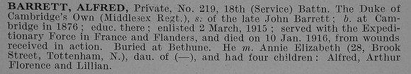 Barrett A Pte 18th Middlesex Regiment Obit