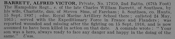 Barrett A V Pte 2nd Hampshire Regiment Obit