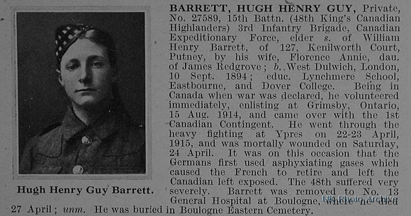 Barrett H H G Pte 27589 15th Canadian Infantry Obit