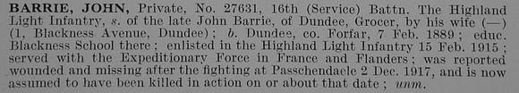 Barrie J Pte 16th Highland Light Infantry Obit