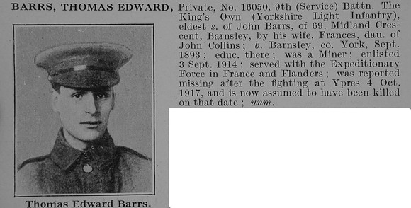 Barrs T E Pte  9th Kings Own Yorkshire Light Infantry Obit