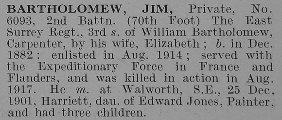 Bartholomew J Pte 2nd East Surrey Regiment Obit