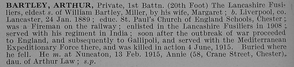 Bartley A Pte 1st Lancashire Fusiliers Obit