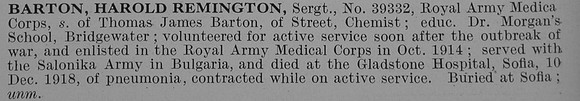 Barton H R Sergt Royal Army Medical Corps Obit