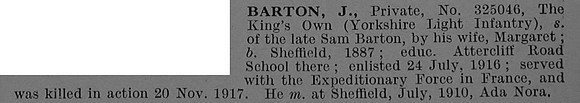 Barton J Pte 325046 KOYLI Trans 12th Kings Liverpool Regiment Obit
